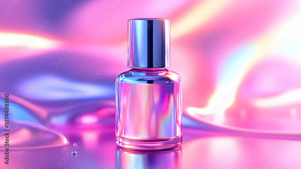 Holographic Glass Bottle on Pink Abstract Background 3D Illustration Holographic Glass Bottle on Pink Abstract Background 3D Illustration