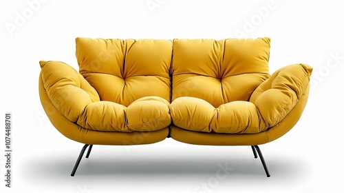 This yellow loveseat sofa features a plush, tufted backrest and seat cushions, along with sleek, tapered legs for a modern and stylish look