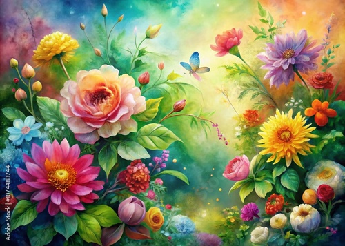 Enchanting Watercolor Floral Painting: A Vibrant Display of Blossoms and Leaves in Soft Hues Capturing the Essence of Nature's Beauty for Creative Decor and Artistic Inspiration