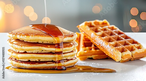 A delicious stack of fluffy pancakes and crispy waffles drizzled with sweet maple syrup, creating a mouthwatering breakfast spread on a clean white background.