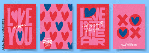 Bright Valentine's Day posters. Concept of modern typographic design with hearts. Vector minimalist posters for Valentine's Day party, banner,  celebration, ads, branding, cover, sale, social media.