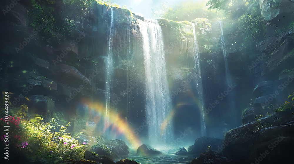 A stunning view of a multi-tiered secret waterfall cascading down smooth rocks, with sunlight creating rainbows in the mist A stunning view of a multi-tiered secret waterfall cascading down smooth rocks, with sunlight creating rainbows in the mist