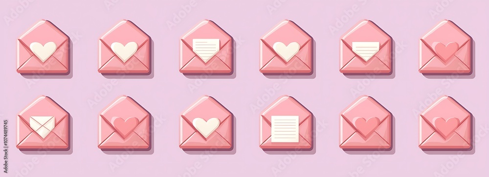 A set of pink envelope icons with hearts inside A set of pink envelope icons with hearts inside