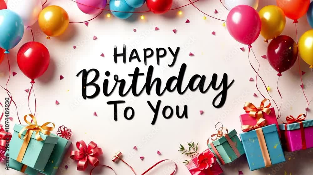 Happy birthday to you text with balloons and gift box