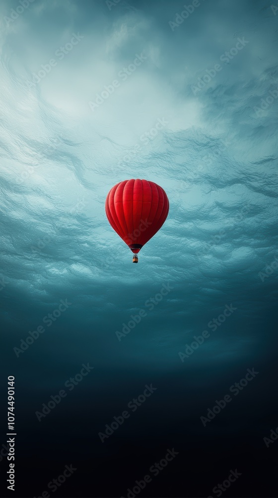 Obraz premium A vibrant red hot air balloon drifting serenely in a sky filled with soft blue clouds.