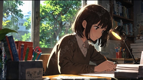 Serene Anime Scene of Girl Studying in Cozy Room
