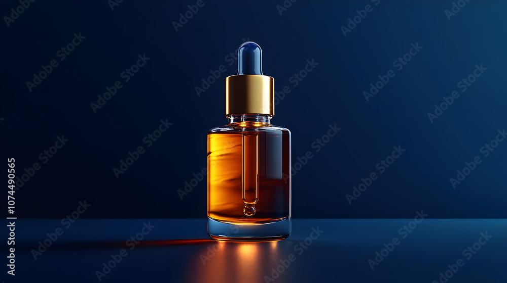 Glass Dropper Bottle with Golden Cap on Blue Background - 3D Illustration Glass Dropper Bottle with Golden Cap on Blue Background - 3D Illustration
