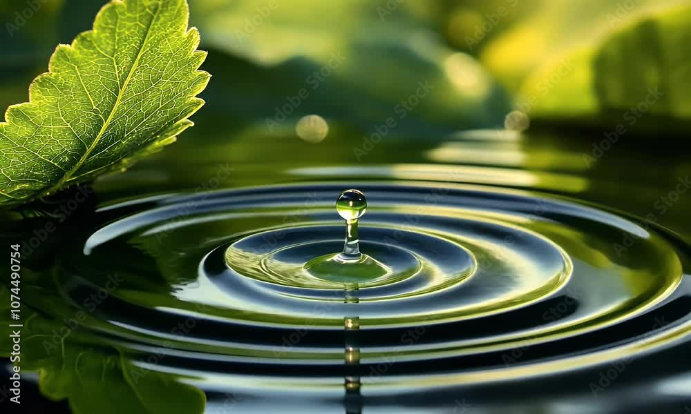 A close-up of a water droplet creating ripples on a serene surface surrounded by green leaves. A close-up of a water droplet creating ripples on a serene surface surrounded by green leaves.