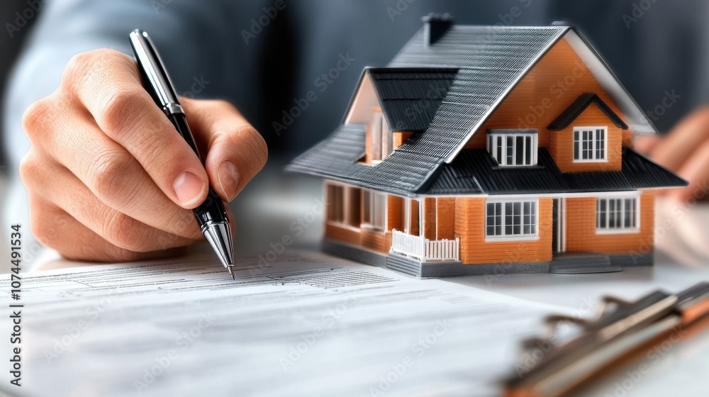 Fototapeta premium Hands Signing House Sale Agreement with Pen Focused on Paperwork