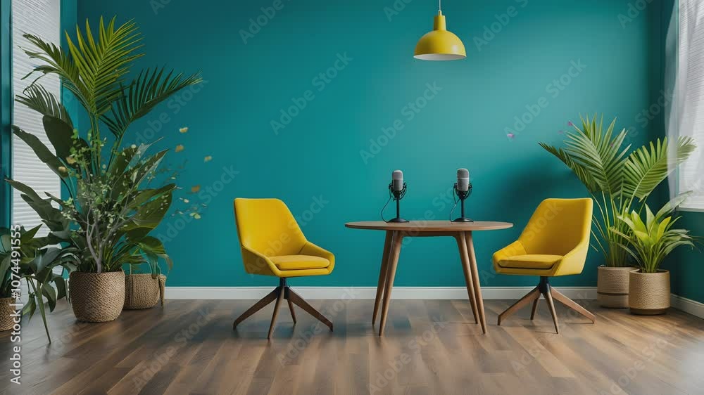 Seamless looping podcast background with yellow chairs and green plants
