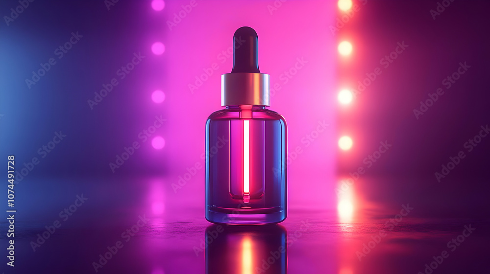 Glass Dropper Bottle with Neon Lights - 3D Illustration Glass Dropper Bottle with Neon Lights - 3D Illustration