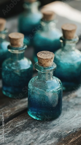 Assorted vintage glass bottles with turquoise liquid and cork stoppers on a rustic wooden surface.