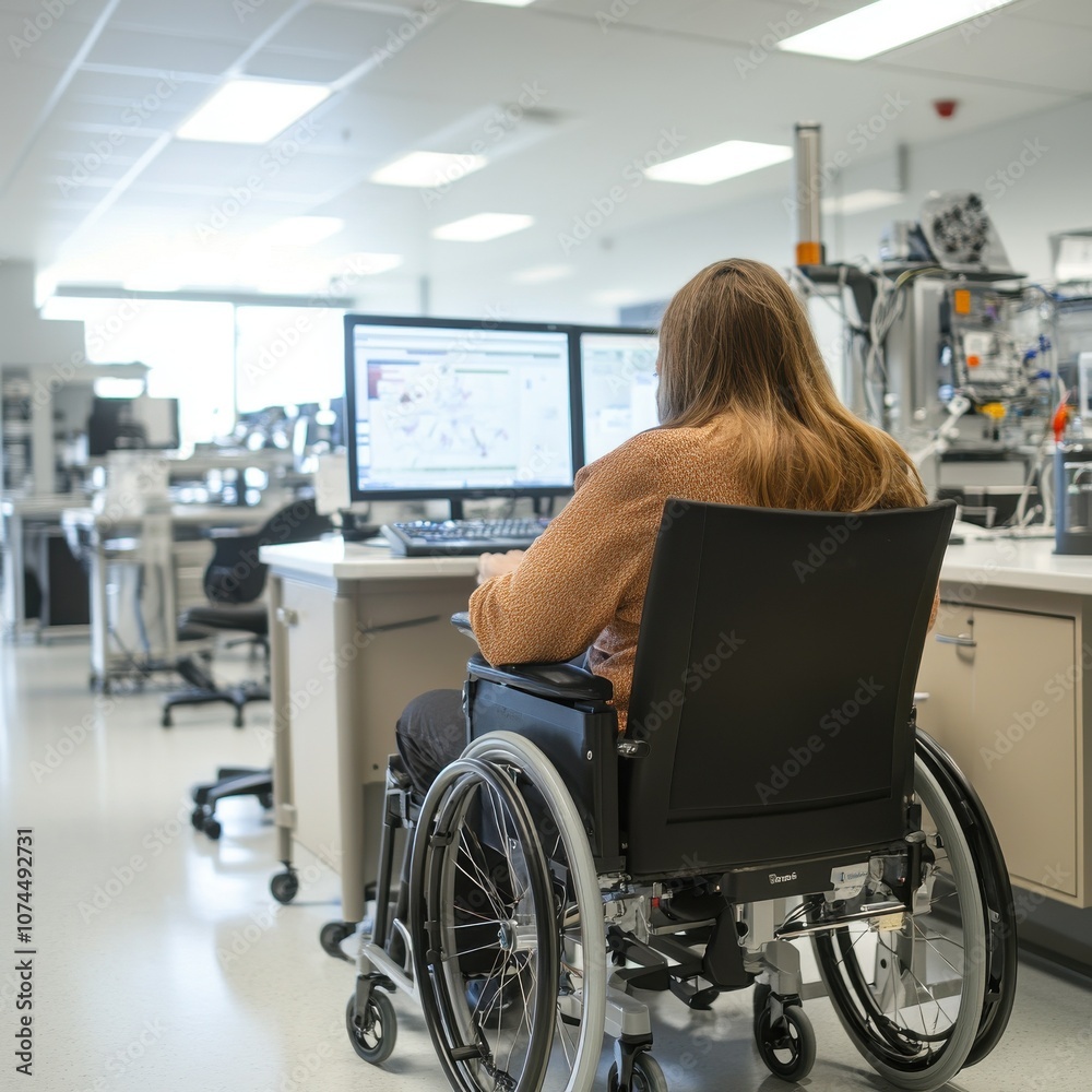 In a science lab, a woman in a wheelchair looks at a computer screen with equipment nearby. In a science lab, a woman in a wheelchair looks at a computer screen with equipment nearby.