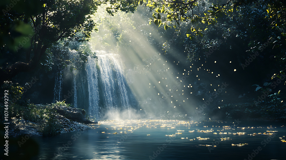 A local exploring a lesser-known waterfall, with sunlight filtering through the trees and sparkling on the water's surface A local exploring a lesser-known waterfall, with sunlight filtering through the trees and sparkling on the water's surface
