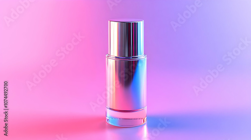 Shiny Silver Bottle with Glass Base on Purple and Pink Background - 3D Render