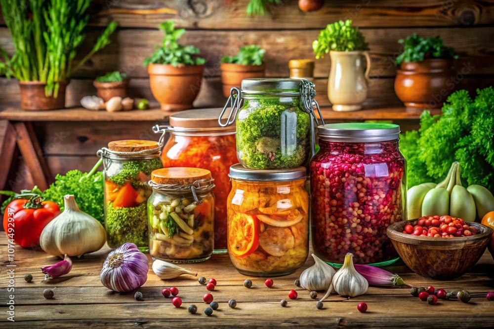 Fermented Delights: A Vibrant Display of Colorful Jars Filled with Kimchi, Pickles, and Sauerkraut on a Rustic Kitchen Counter Surrounded by Fresh Ingredients and Herbs Fermented Delights: A Vibrant Display of Colorful Jars Filled with Kimchi, Pickles, and Sauerkraut on a Rustic Kitchen Counter Surrounded by Fresh Ingredients and Herbs