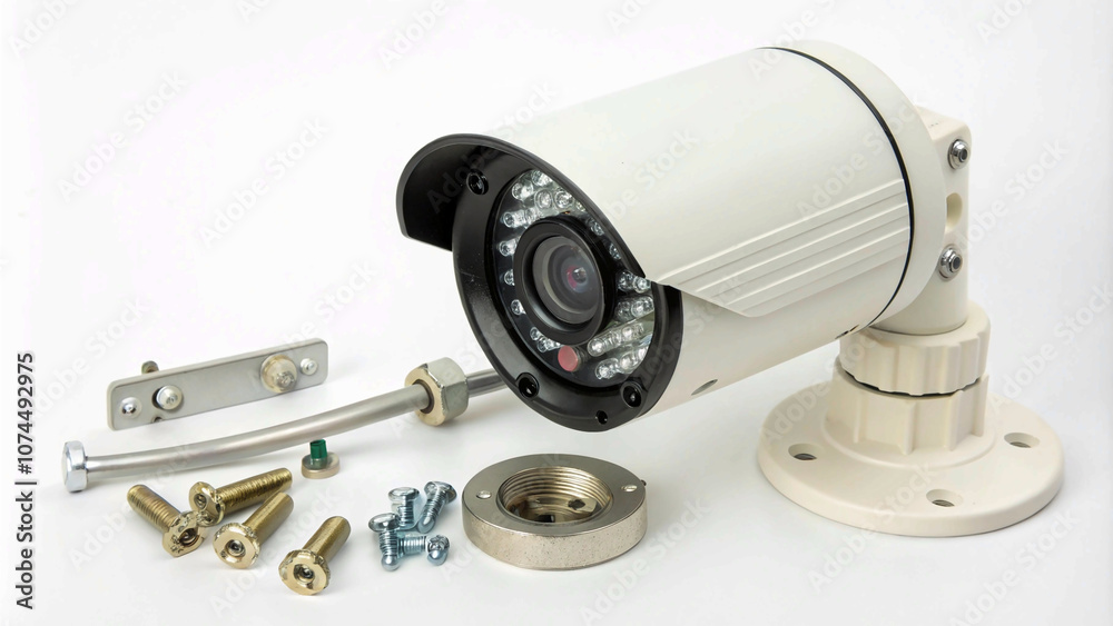 Classic bullet CCTV camera with a visible lens and mounting hardware, isolated on a plain white background Classic bullet CCTV camera with a visible lens and mounting hardware, isolated on a plain white background