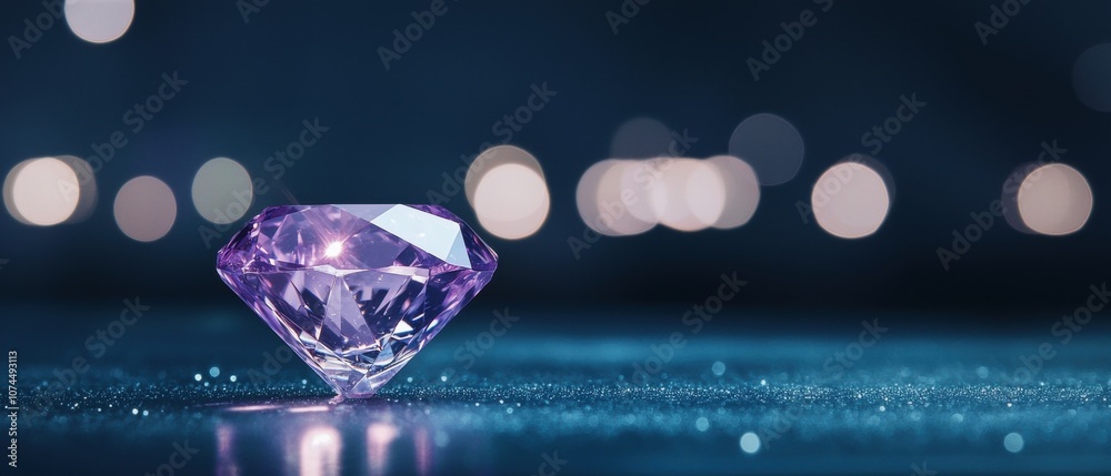 Close-up of a beautiful purple diamond on a sparkling surface with blurred background.