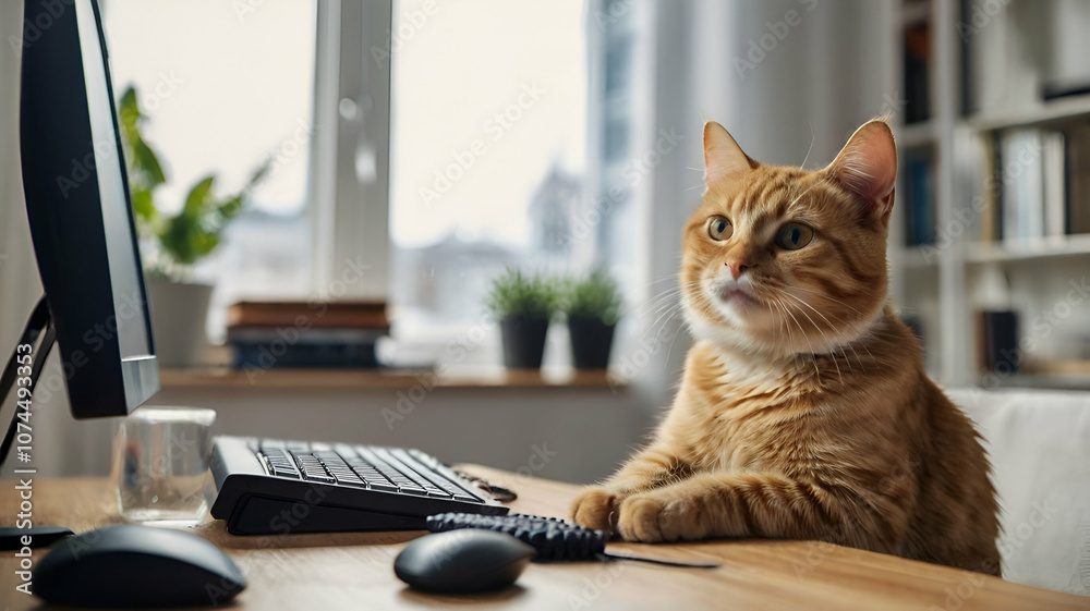 Funny and cute cat pause on a computer in home, health job stress recreation work humor fun vacation Funny and cute cat pause on a computer in home, health job stress recreation work humor fun vacation
