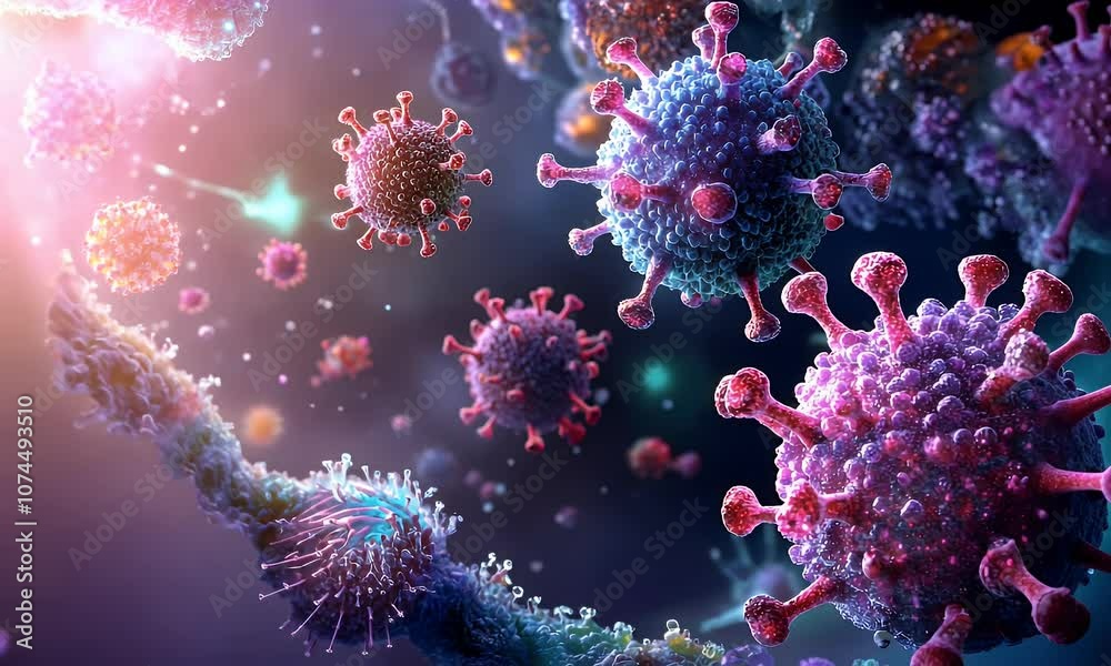 A colorful, artistic representation of viruses in a microscopic environment. A colorful, artistic representation of viruses in a microscopic environment.