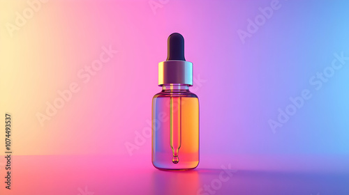 Glass Dropper Bottle with a Neon Gradient Background - 3D Illustration