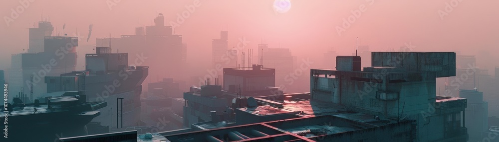 Fototapeta premium Capture a dystopian cityscape from a rooftop perspective, showcasing sleek, futuristic buildings juxtaposed against decaying urban structures