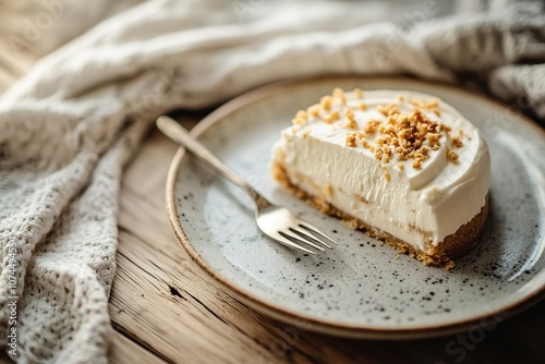 Creamy cheesecake slice on rustic plate with fork