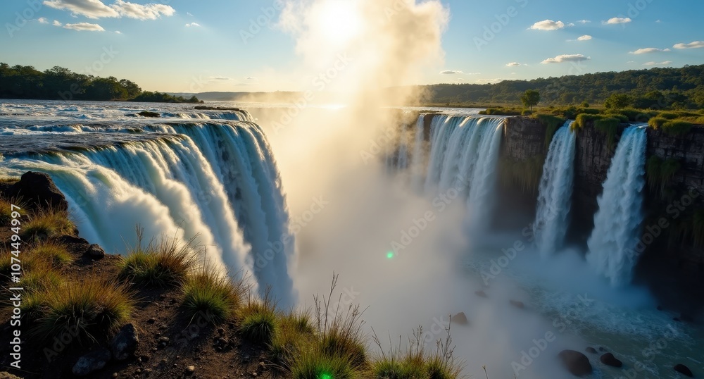 Fototapeta premium Victoria Falls, Zambia-Zimbabwe border, powerful waterfall cascading through lush surroundings, showcasing the grandeur of Africa's iconic natural wonder under bright daylight.