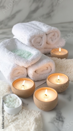 Spa ambiance with candles and towels on marble