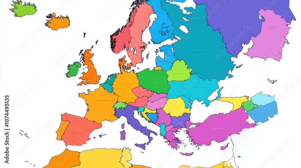 Obraz premium Map of Europe with countries labeled in different colors