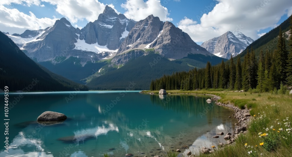 Fototapeta premium Valley of the Ten Peaks, Alberta, Canada, towering snow-capped mountains surrounding a pristine lake, capturing the grandeur and serene beauty of the Canadian Rockies.