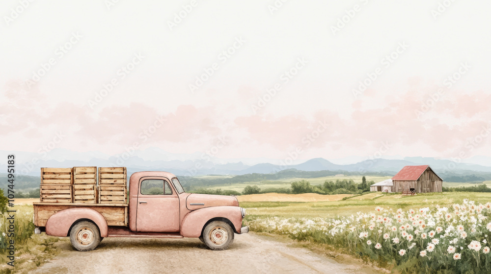 Fototapeta premium Vintage truck in serene countryside with barn and wildflowers