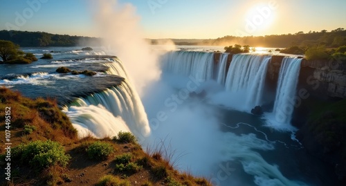 Victoria Falls, Zambia-Zimbabwe border, powerful waterfall cascading through lush surroundings, showcasing the grandeur of Africa's iconic natural wonder under bright daylight.