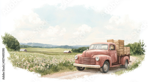 Wallpaper Mural Vintage truck in countryside landscape with wildflowers and barns Torontodigital.ca