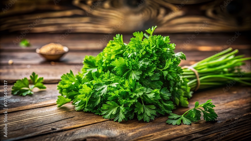 Fresh Green Parsley Cut in a City Garden on a Rustic Wooden Table, Capturing the Essence of Urban Gardening and Culinary Freshness in a Unique Documentary Style Fresh Green Parsley Cut in a City Garden on a Rustic Wooden Table, Capturing the Essence of Urban Gardening and Culinary Freshness in a Unique Documentary Style