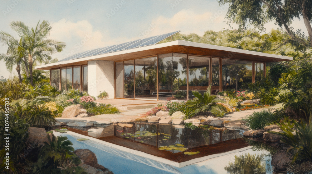Modern eco-friendly home with solar panels and lush garden oasis reflection Modern eco-friendly home with solar panels and lush garden oasis reflection