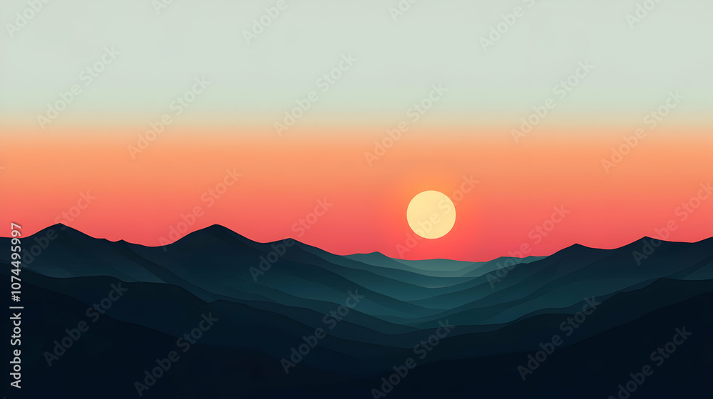 Silhouetted mountain range at sunset with a large, glowing orb. Silhouetted mountain range at sunset with a large, glowing orb.