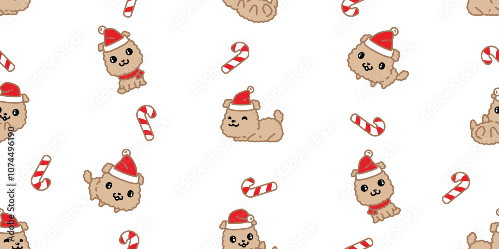 Obraz premium dog seamless pattern Christmas Santa Claus candy cane fluffy puppy vector cartoon gift box wrapping paper scarf isolated repeat wallpaper tile background illustration design
