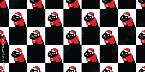 cat seamless pattern christmas scarf black kitten santa claus hat calico neko vector cartoon pet doodle checked tile background gift wrapping paper repeat wallpaper isolated illustration design