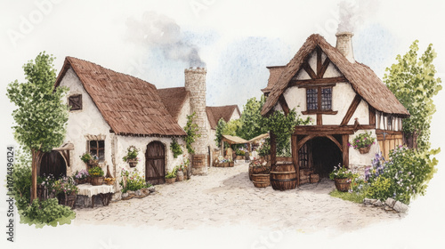 Charming medieval village scene with quaint cottages and lush greenery