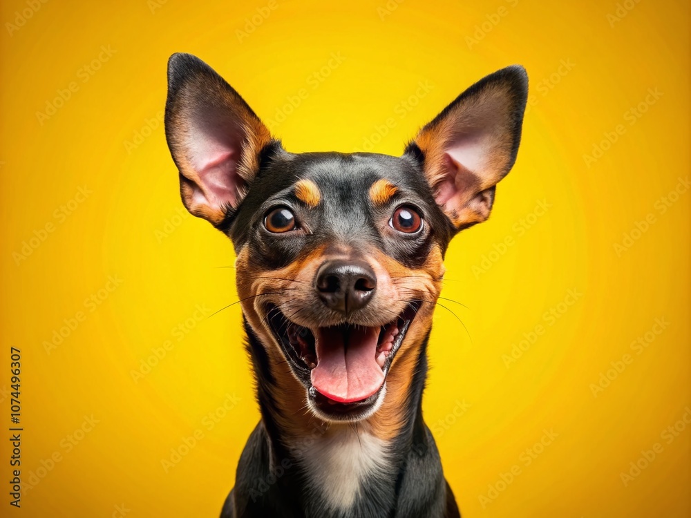 Funny Andalusian Ratonero Dog Isolated on Yellow Background for Food Photography, Ideal for Marketing, Advertisements, and Pet-Related Content with Copy Space for Text Funny Andalusian Ratonero Dog Isolated on Yellow Background for Food Photography, Ideal for Marketing, Advertisements, and Pet-Related Content with Copy Space for Text