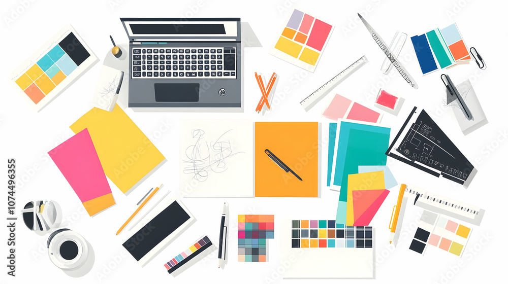 Top view of a designer's workspace with laptop, pens, pencils, paper, and color palettes. Top view of a designer's workspace with laptop, pens, pencils, paper, and color palettes.