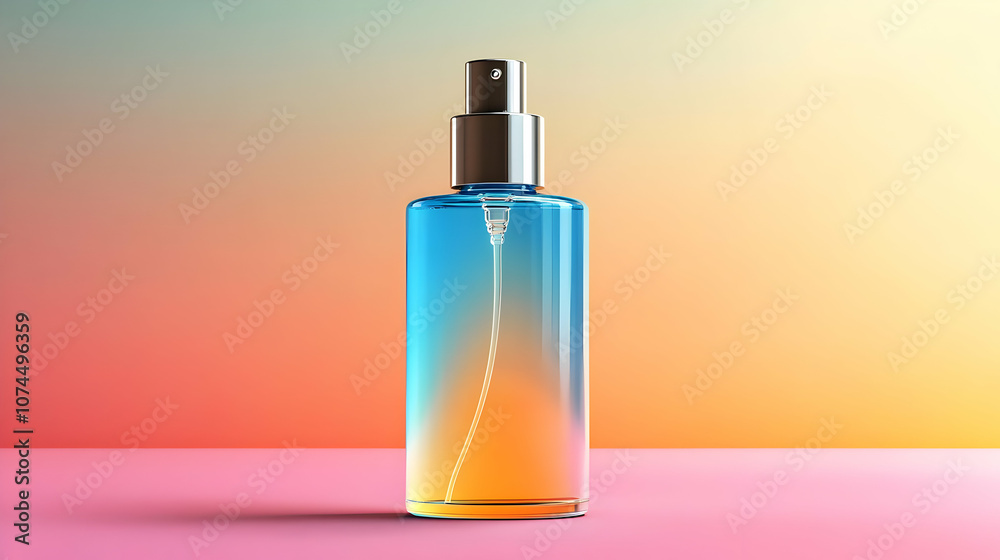 Glass Spray Bottle on Pink and Yellow Gradient Background 3D Illustration Glass Spray Bottle on Pink and Yellow Gradient Background 3D Illustration