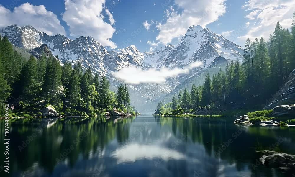 A serene landscape featuring mountains, a lake, and lush greenery under a clear sky. A serene landscape featuring mountains, a lake, and lush greenery under a clear sky.