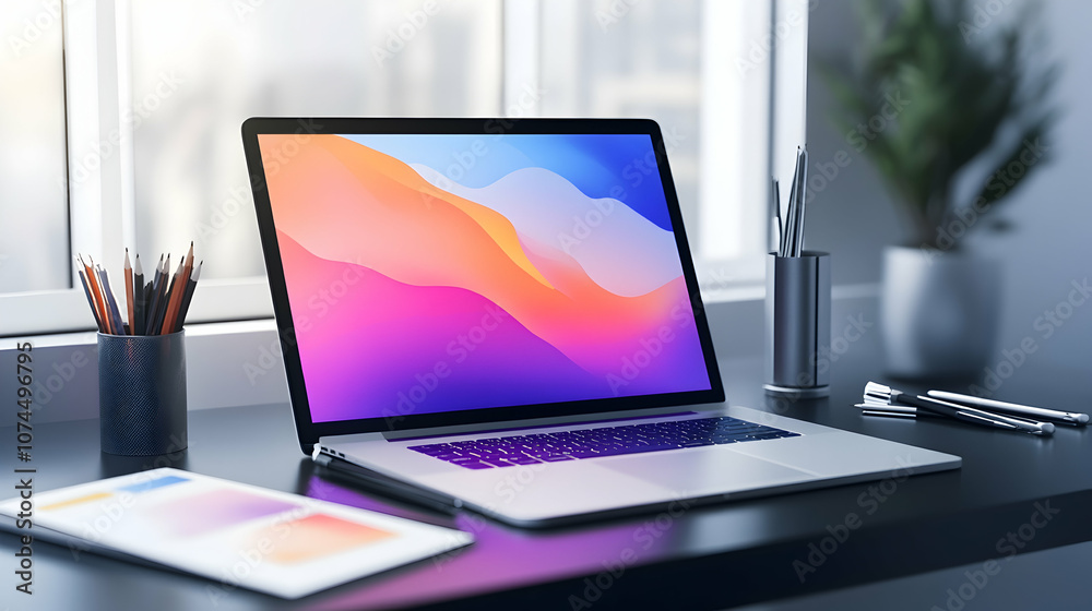 Modern laptop with abstract design on screen in home office setting. Modern laptop with abstract design on screen in home office setting.
