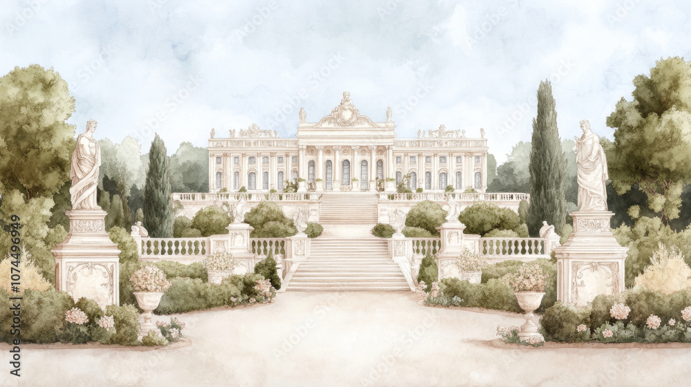 Fototapeta premium Elegant neoclassical palace exterior with lush gardens and sculptures