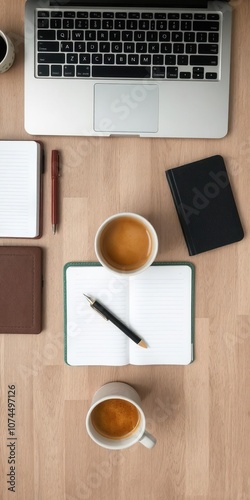 A top view of a organized desk with a laptop, notebook, pens, and a cup of coffee, creating a professional and productive workspace, organized, workspace