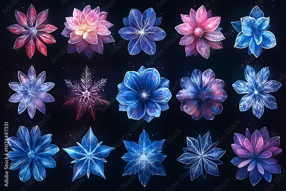 A Group of Flowers on a Black Background.