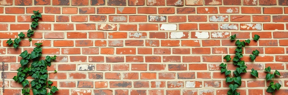 Obraz premium A weathered old red brick wall with visible cracks and patches of ivy growth, structure, wall