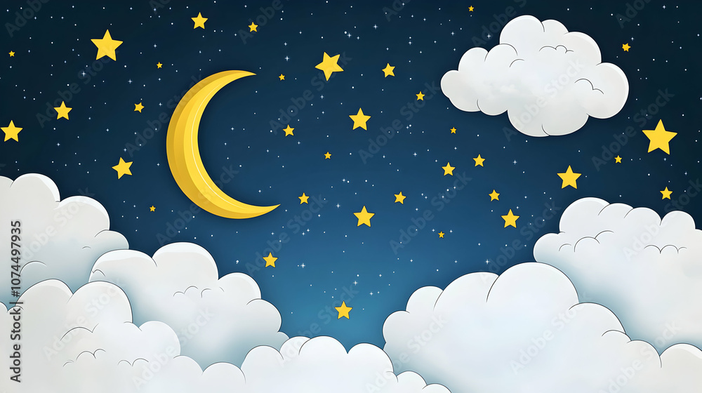 Fototapeta premium Cartoon crescent moon and stars in night sky with clouds.
